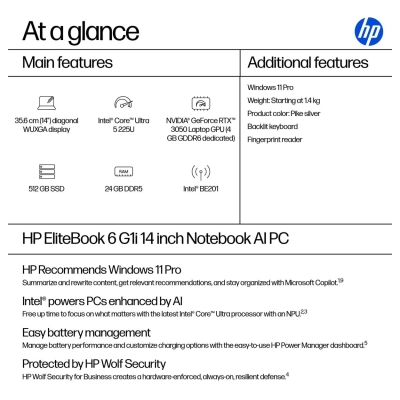 HP EliteBook 6 G1i 14 - Ultra 5-225U, 24GB, 512GB SSD, 14 WUXGA 300-nit AG, 5MP IR cam, WWAN-ready, Smartcard, FPR, ESTONIAN bac