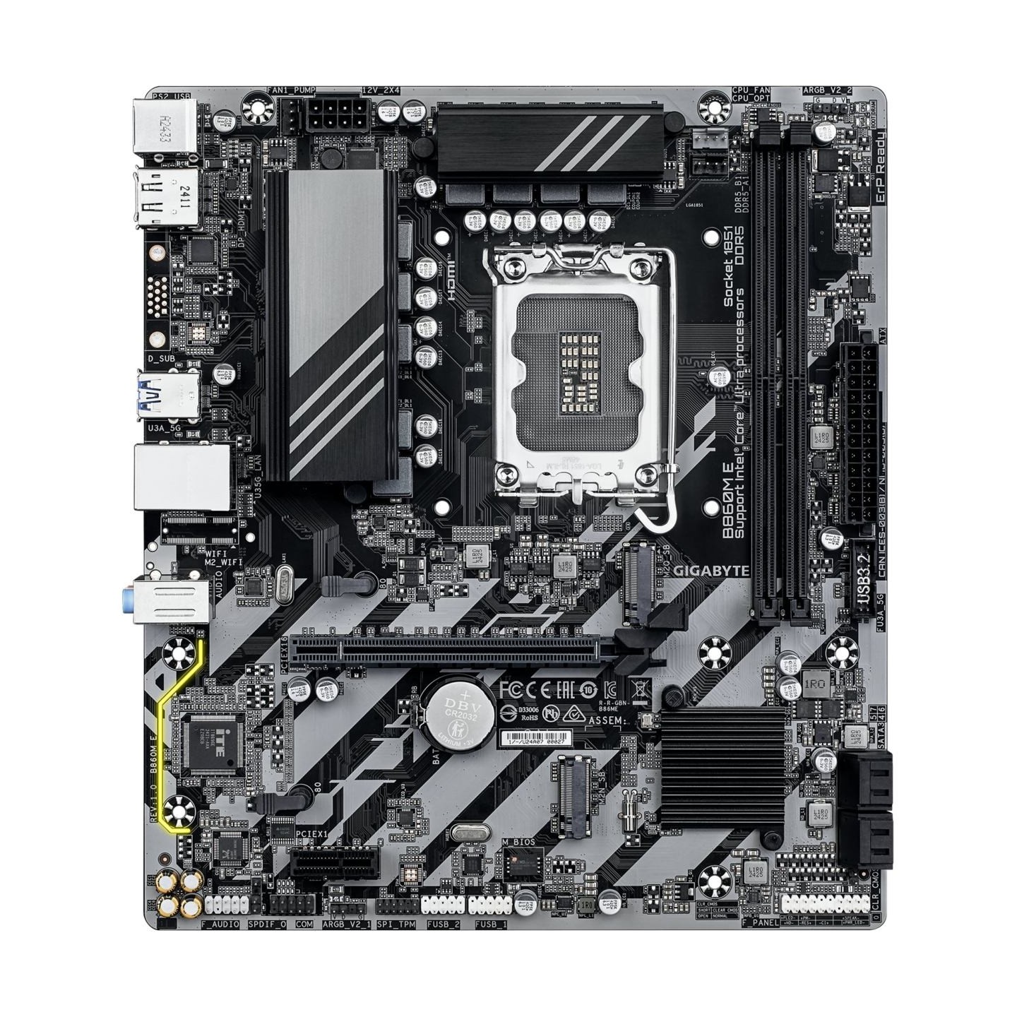 Gigabyte B860M E | Processor family Intel | Processor socket LGA1851 | DDR5 | Supported hard disk drive interfaces SATA, M.2 | N
