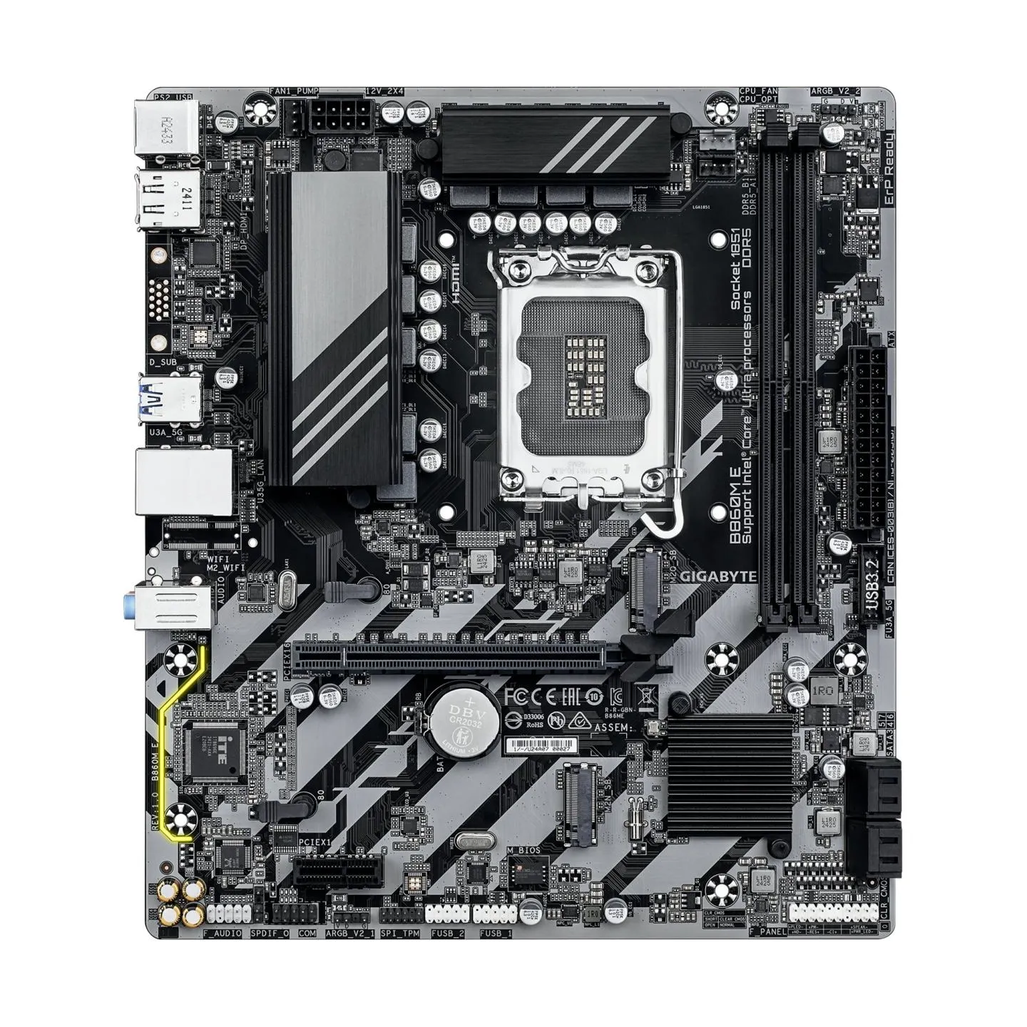 Gigabyte B860M E | Processor family Intel | Processor socket LGA1851 | DDR5 | Supported hard disk drive interfaces SATA, M.2 | N
