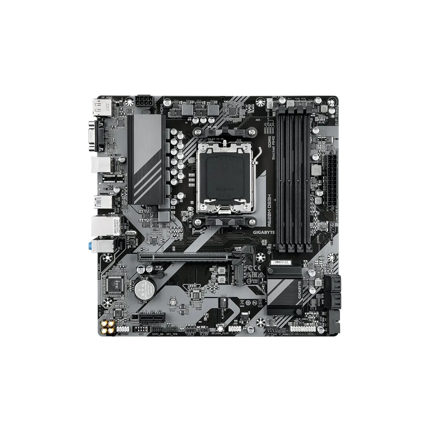 Gigabyte A620M DS3H | Processor family AMD | Processor socket AM5 | DDR5 | Supported hard disk drive interfaces M.2, SATA | Numb