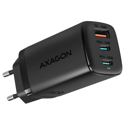 Axagon GaN wallcharger <240V / 3x port (USB + dual USB-C), PD3.0/QC4+/PPS/Apple. 65W total power.