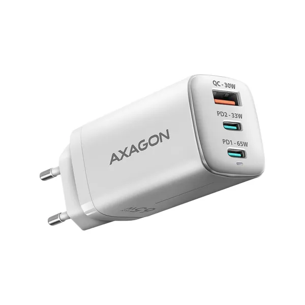 Axagon ACU-DPQ65W GaN Wall charger, 3x port (USB + dual USB-C), PD3.0/QC4+/PPS/Apple, 65W, white