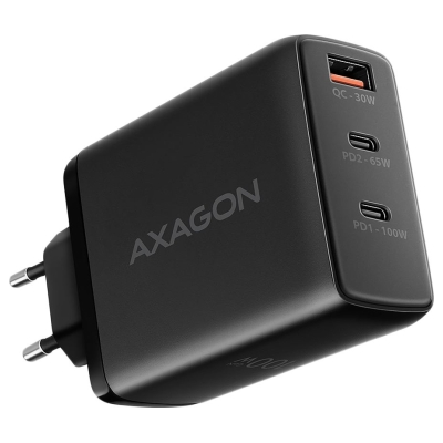 Axagon ACU-DPQ100 GaN Wall charger, 3x port (USB + dual USB-C), PD3.0/QC4+/PPS/Apple, 100W, black