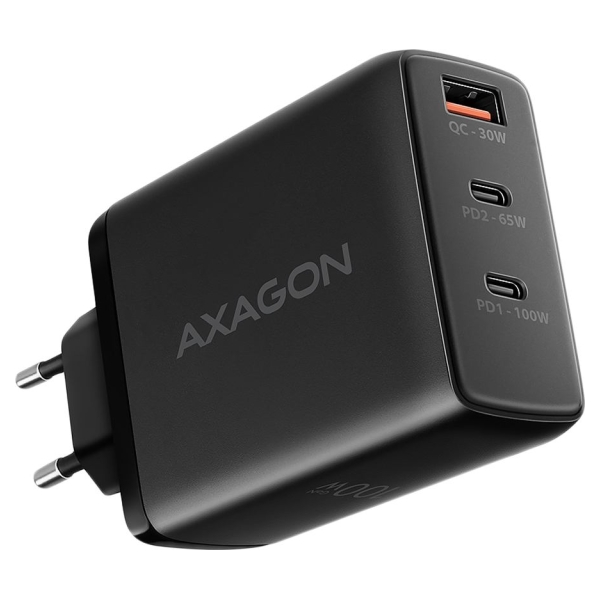 Axagon ACU-DPQ100 GaN Wall charger, 3x port (USB + dual USB-C), PD3.0/QC4+/PPS/Apple, 100W, black
