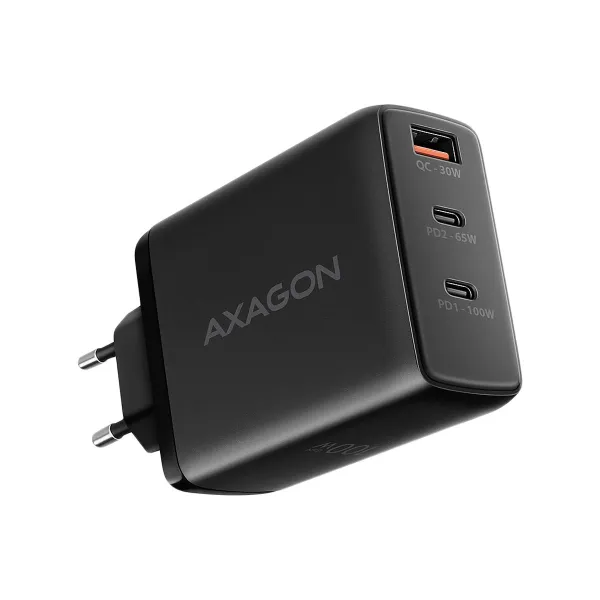 Axagon ACU-DPQ100 GaN Wall charger, 3x port (USB + dual USB-C), PD3.0/QC4+/PPS/Apple, 100W, black