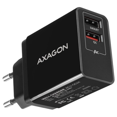 Axagon Dual wallcharger <240V / 2x USB port QC3.0/AFC/FCP + 5V-1.2A. 24W total power.