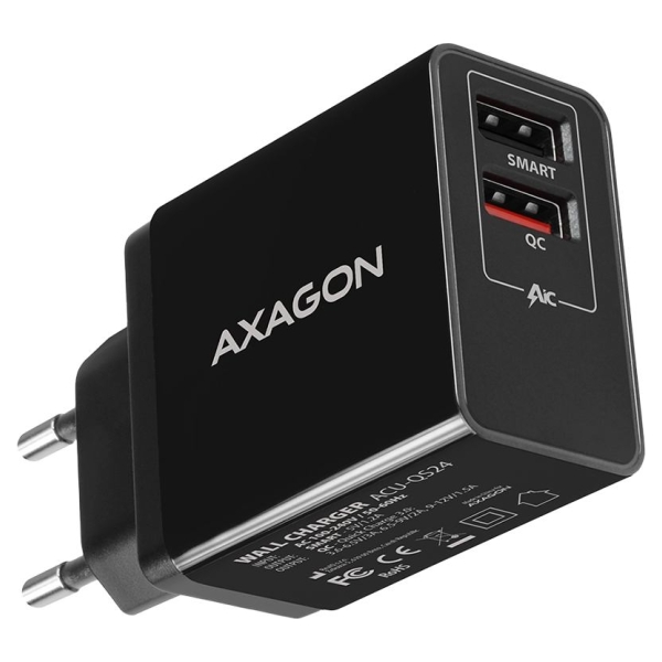 Axagon Dual wallcharger <240V / 2x USB port QC3.0/AFC/FCP + 5V-1.2A. 24W total power.