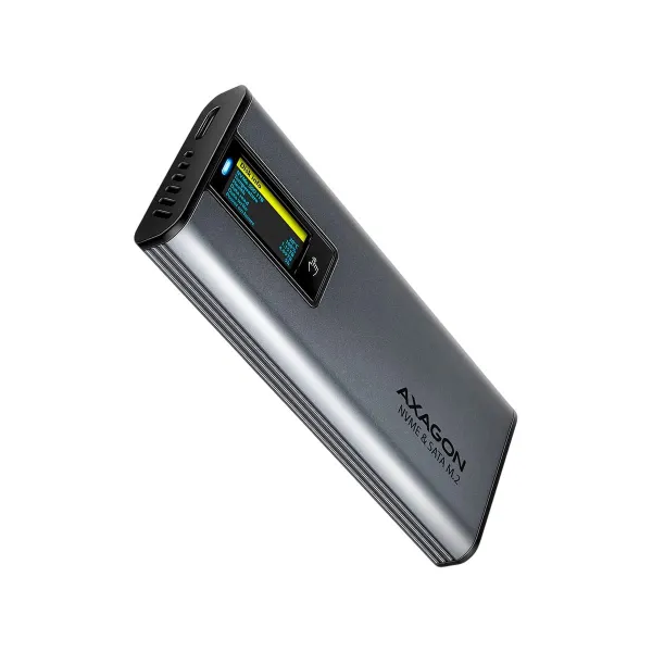 Axagon EEM2-SD2 USB-C 3.2 Gen 2 - M.2 NVMe / SATA SSD 30-80mm ALU box grey, LCD display