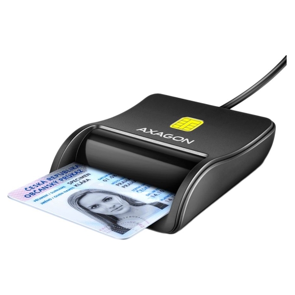 Axagon Compact desktop USB contact Smart / ID card reader with long, USB-A cable.