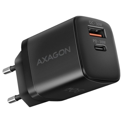 Axagon Sil wallcharger 2x port (USB-A + USB-C), PD3.0/QC4+/PPS/AFC/Apple. 30W total power.