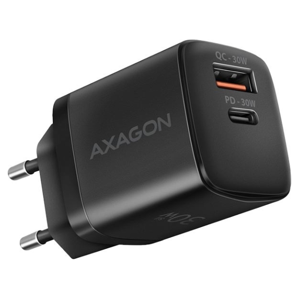 Axagon Sil wallcharger 2x port (USB-A + USB-C), PD3.0/QC4+/PPS/AFC/Apple. 30W total power.