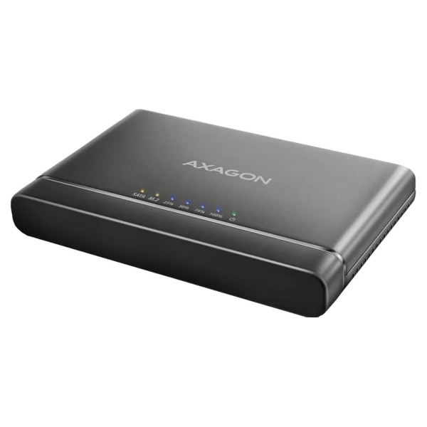 Axagon USB 3.2 Gen 2 adapter for connecting NVMe M.2 SSDs and SATA 2.5"/3.5" drives with cloning function.