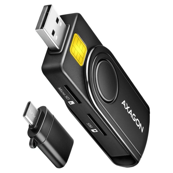 Axagon Compact travel USB-A + USB-C contact Smart / ID card and SD / microSD / SIM card reader.