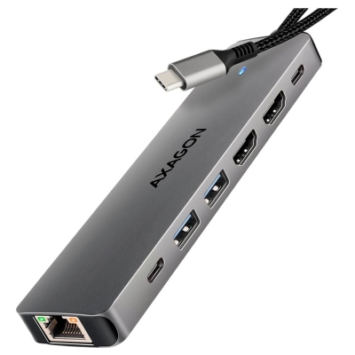 Axagon HMC-7HX2 USB-C 3.2 Gen 1 hub, 2x USB-A + 1x USB-C, 2x HDMI 4K 60Hz, GLAN, PD 100W, 15cm USB-C cable