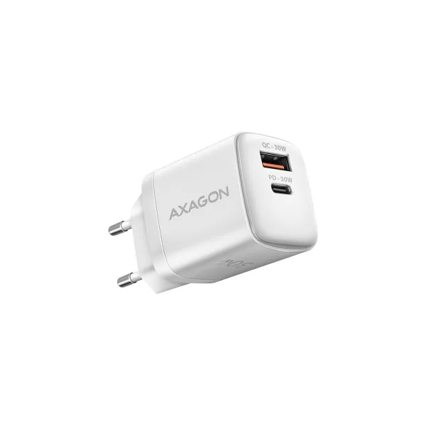 Axagon Sil wallcharger 2x port (USB-A + USB-C), PD3.0/QC4+/PPS/AFC/Apple. 30W total power.