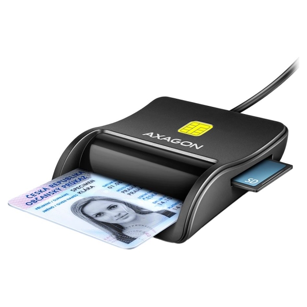 Axagon Compact desktop USB contact Smart/ID & SD/microSD/SIM card reader with long USB-A cable.