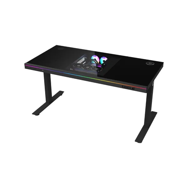 Lorgar Dual-motor sit/stand adjustable-height gaming desk with built-in PC case, wireless charger, RGB lighting, control panel,