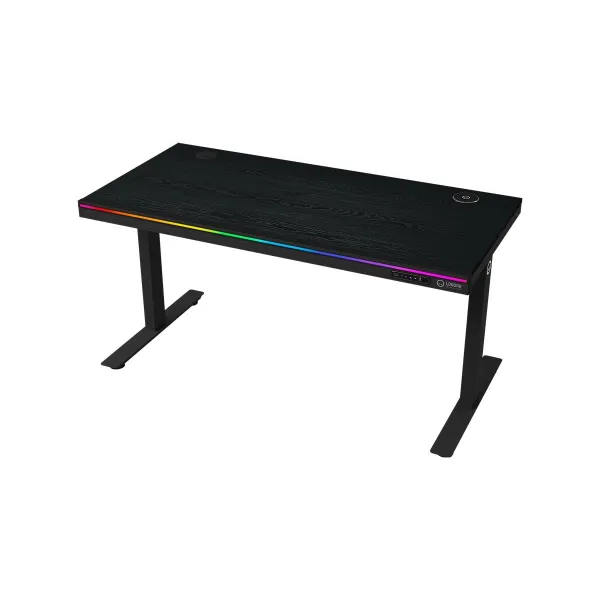 Lorgar Dual-motor sit/stand adjustable-height gaming desk with wireless charger, RGB lighting, control panel, and USB ports, PB