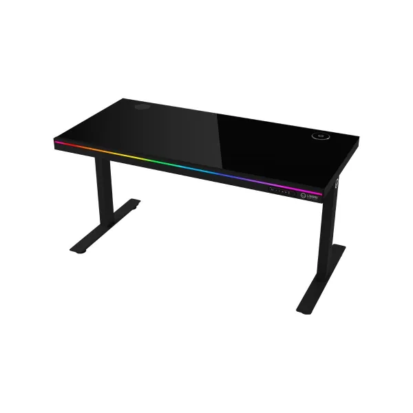 Lorgar Dual-motor sit/stand adjustable-height gaming desk with wireless charger, RGB lighting, control panel, and USB ports, sol