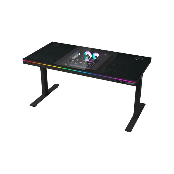Lorgar Dual-motor sit/stand adjustable-height gaming desk with built-in PC case, wireless charger, RGB lighting, control panel,