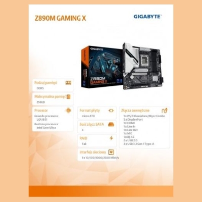 Gigabyte Z890M GAMING X | Processor family Intel | Processor socket LGA1851 | DDR5 | Supported hard disk drive interfaces M.2, S