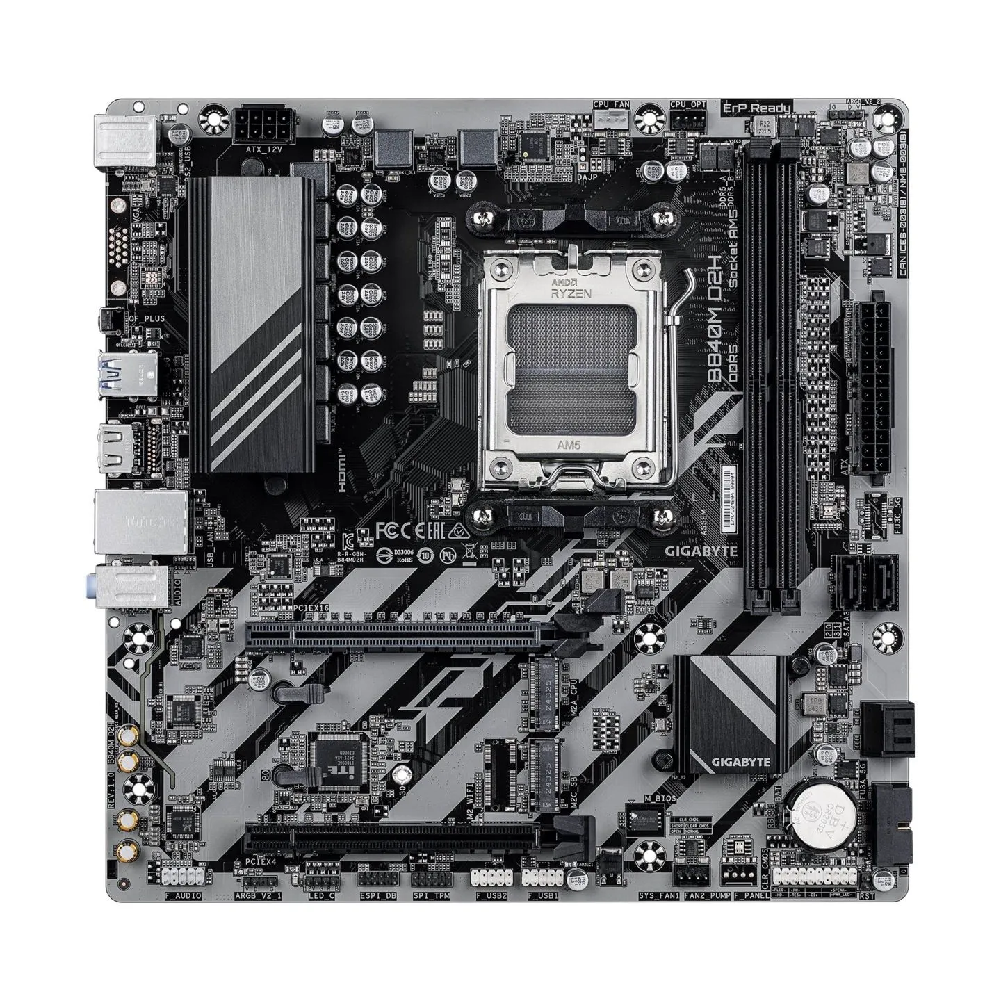 Gigabyte B840M D2H | Processor family AMD | Processor socket AM5 | DDR5 | Supported hard disk drive interfaces SATA, M.2 | Numbe