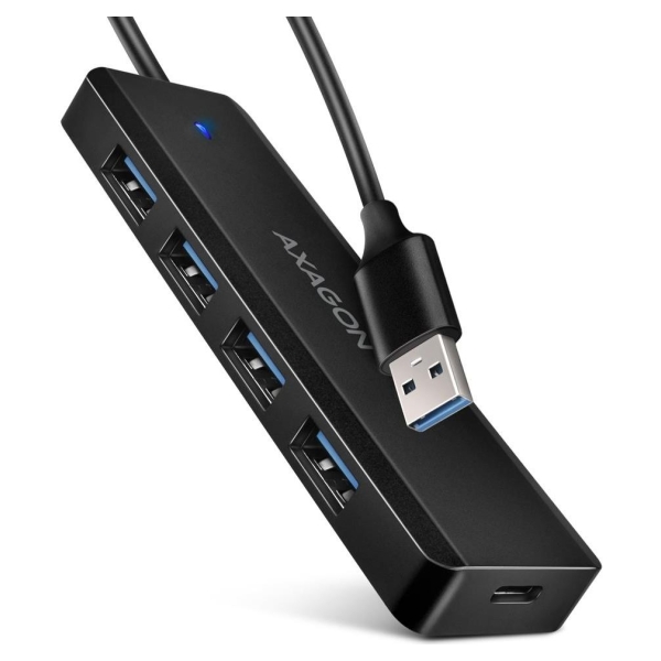 Axagon HUE-C1A 4x USB3.2 Gen 1 Travel hub, USB-C power IN, w. 20cm Type-A cable