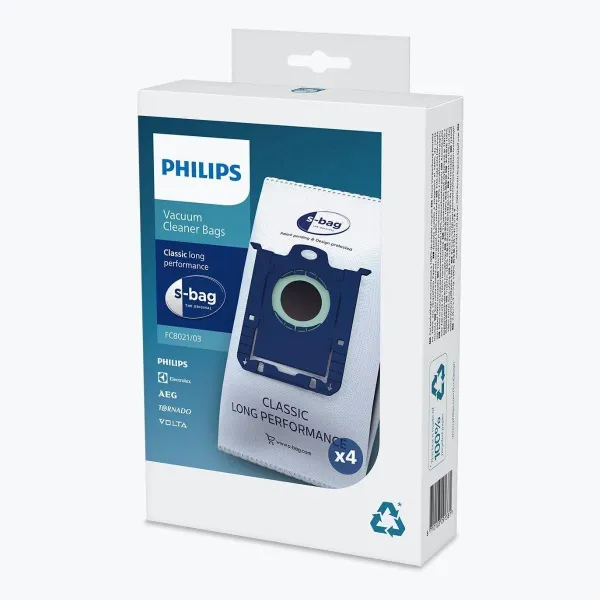 Philips s-bag Vacuum cleaner bags FC8021/03 4 x dust bags One standard fits all 50% longer lifetime 15% more capacity / FC8021/0
