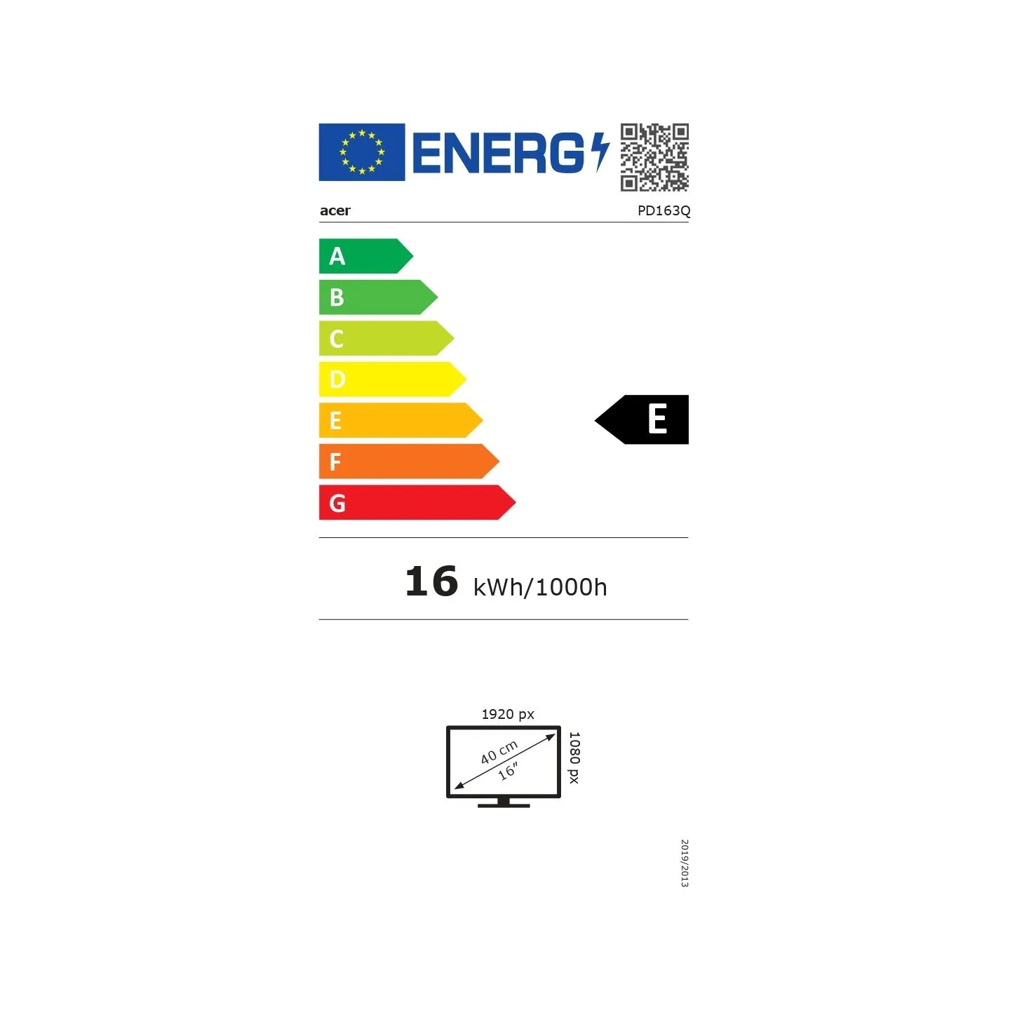 Acer | PD163QBMIUUX PD3 Series | 16 " | IPS | 16:9 | 60 Hz | 8 ms | 2x1920 x 1080 pixels | 250 cd/m² | HDMI ports quantity 1 | B