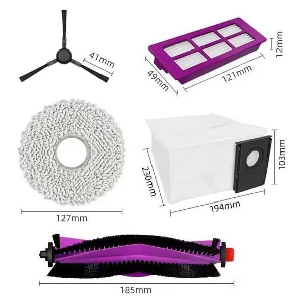 Midea V15 Spare Parts kit: 1x Side Brush, 2x Mop Pad, 1x Roller Brush, 1x Filter, 1x Dust Bag