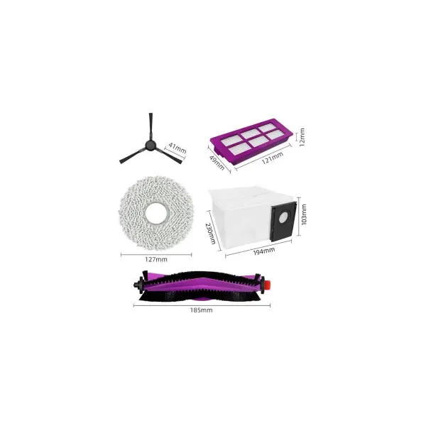 Midea V15 Spare Parts kit: 1x Side Brush, 2x Mop Pad, 1x Roller Brush, 1x Filter, 1x Dust Bag