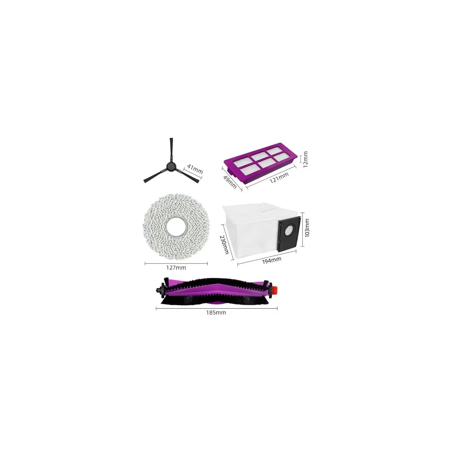 Midea V15 Spare Parts kit: 1x Side Brush, 2x Mop Pad, 1x Roller Brush, 1x Filter, 1x Dust Bag