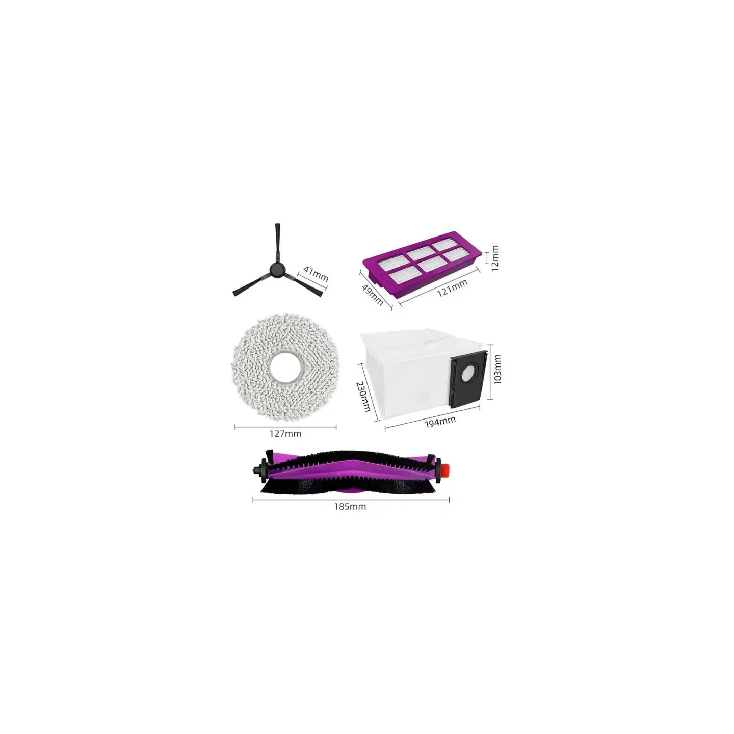 Midea V15 Spare Parts kit: 1x Side Brush, 2x Mop Pad, 1x Roller Brush, 1x Filter, 1x Dust Bag