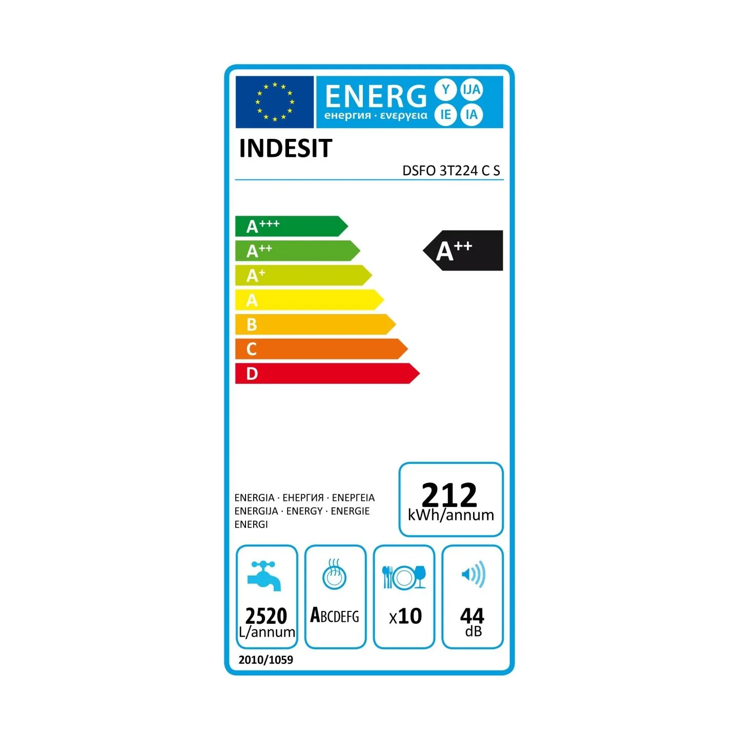 Indesit Dishwasher | DSFO 3T224 C S | Free standing | Width 45 cm | Number of place settings 10 | Number of programs 9 | Energy 