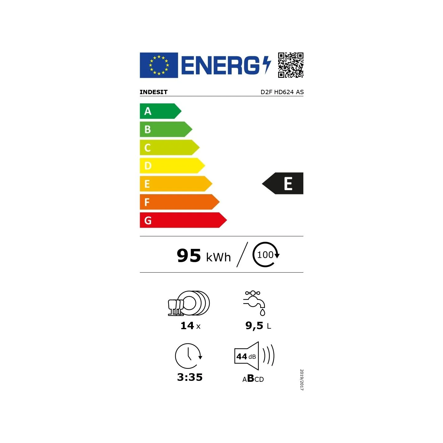 Indesit Dishwasher | D2F HD624 AS | Free standing | Width 60 cm | Number of place settings 14 | Number of programs 9 | Energy ef