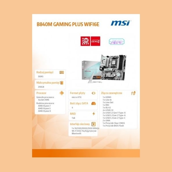 MSI Motherboard B840M GAMING PLUS WIFI6 am5 4DDR5 mATX