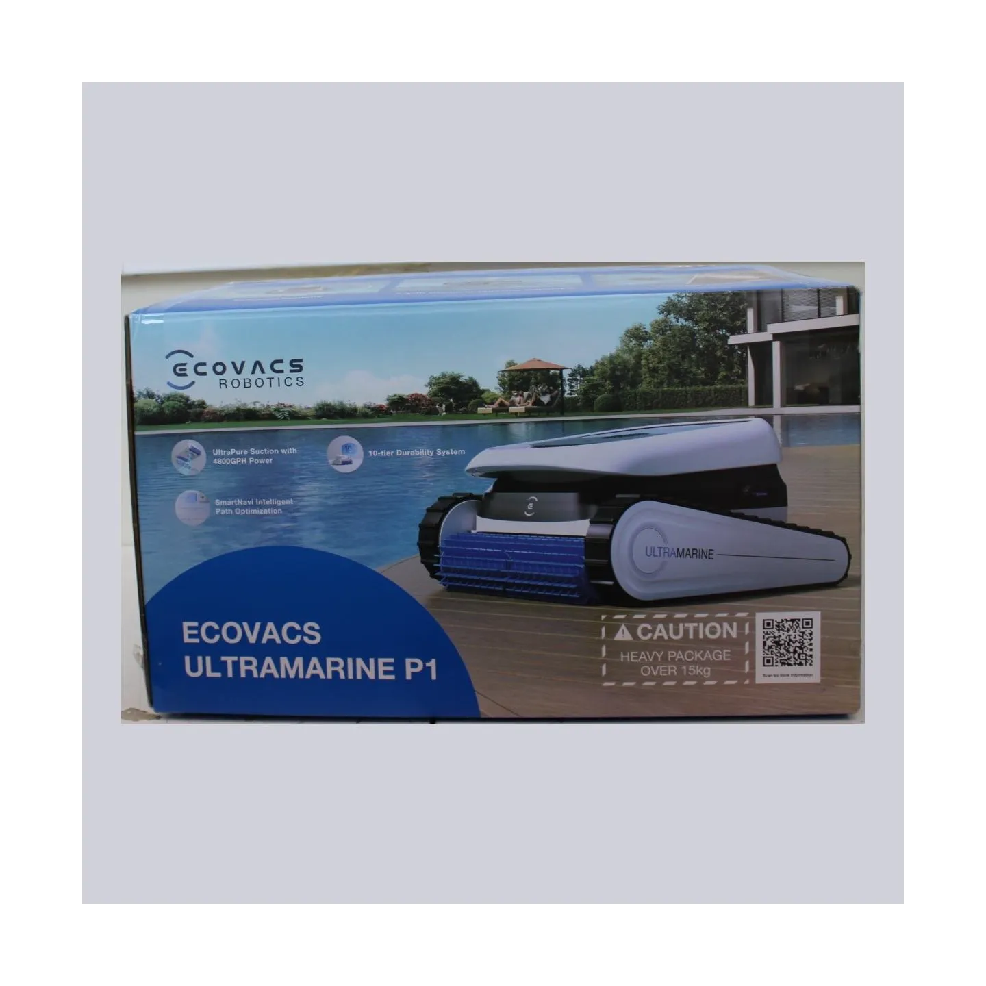 Ecovacs ULTRAMARINE P1 Robotic Pool Cleaner, 4800 GPH power, SmartNavi, White/Blue | Ecovacs ULTRAMARINE P1 | Robotic Pool Clean