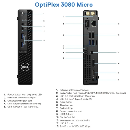 Dell Renewed Grade A | OptiPlex 3080 Micro | Intel Core i5 | i5‑10500T | 8 GB | SSD | 256 GB | Intel UHD Graphics 630 | Windows 