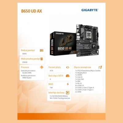Gigabyte B650 UD AX | Processor family AMD Ryzen | Processor socket AM5 | DDR5 | Number of SATA connectors 4
