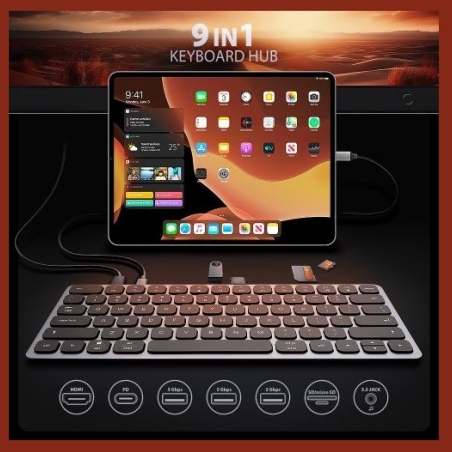 Axagon HMC-KB keyboard USB-C 5Gbps with HUB, microSD/SD, 3x USB-A, HDMI 4K/60Hz, PD 100W, Audio, US layout