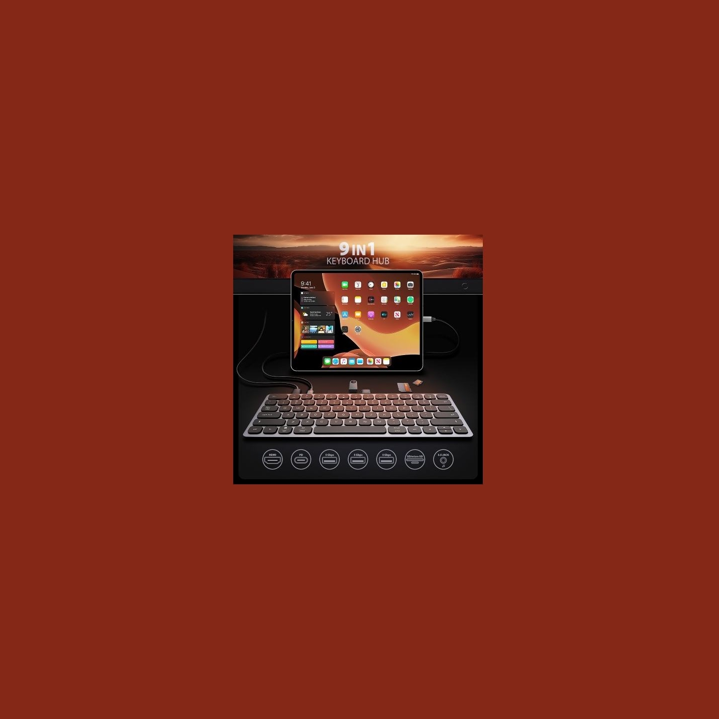 Axagon HMC-KB keyboard USB-C 5Gbps with HUB, microSD/SD, 3x USB-A, HDMI 4K/60Hz, PD 100W, Audio, US layout