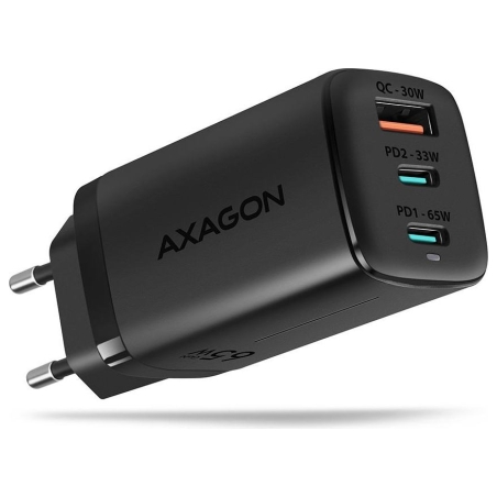 Axagon GaN wallcharger <240V / 3x port (USB + dual USB-C), PD3.0/QC4+/PPS/Apple. 65W total power.
