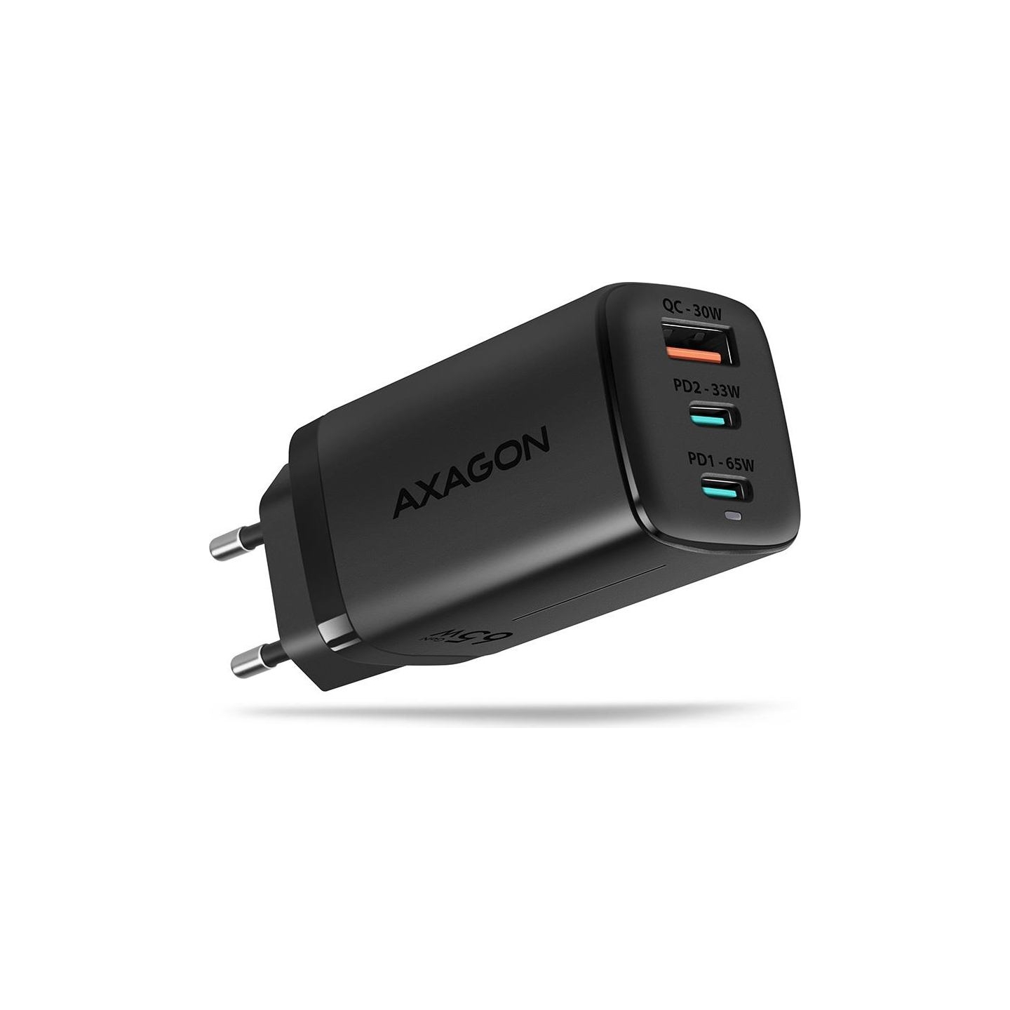 Axagon GaN wallcharger <240V / 3x port (USB + dual USB-C), PD3.0/QC4+/PPS/Apple. 65W total power.