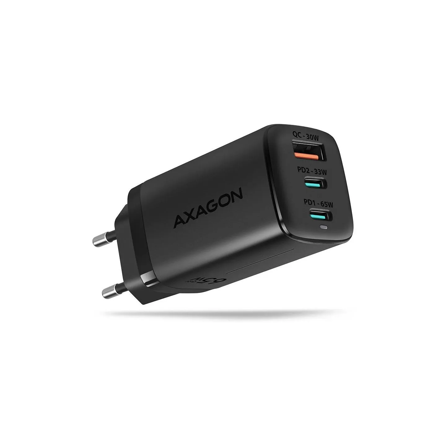 Axagon GaN wallcharger <240V / 3x port (USB + dual USB-C), PD3.0/QC4+/PPS/Apple. 65W total power.