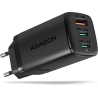 Axagon GaN wallcharger <240V / 3x port (USB + dual USB-C), PD3.0/QC4+/PPS/Apple. 65W total power.