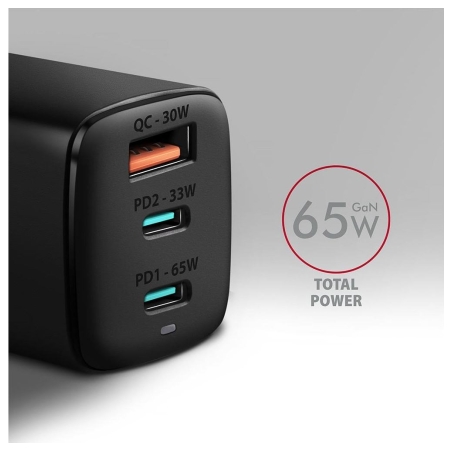 Axagon GaN wallcharger <240V / 3x port (USB + dual USB-C), PD3.0/QC4+/PPS/Apple. 65W total power.