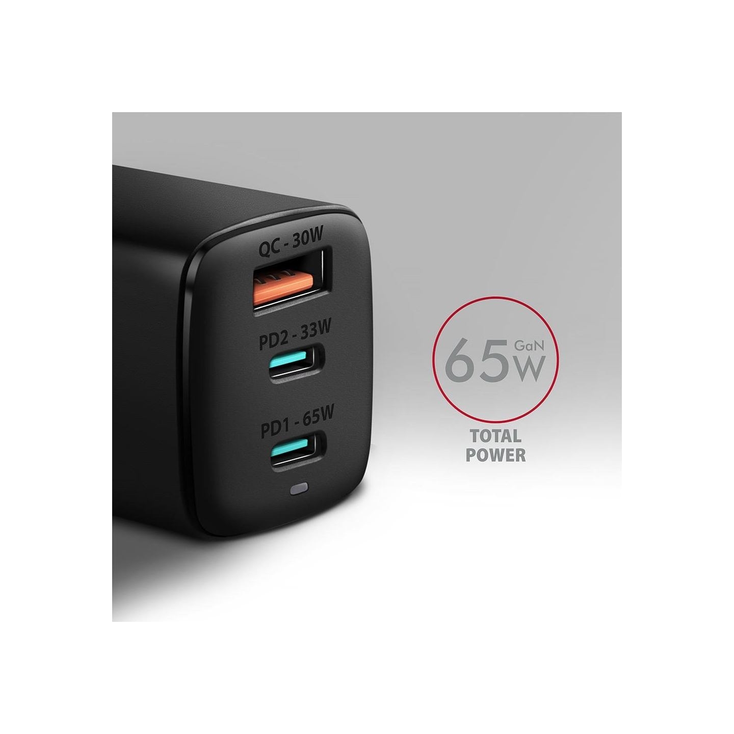 Axagon GaN wallcharger <240V / 3x port (USB + dual USB-C), PD3.0/QC4+/PPS/Apple. 65W total power.