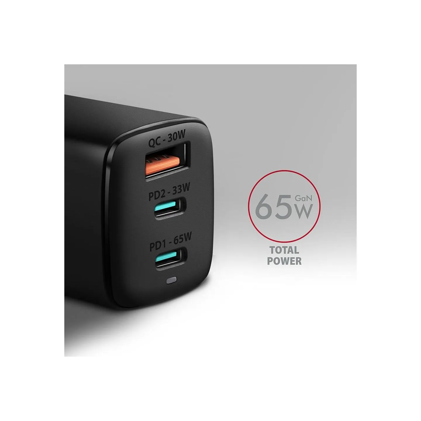 Axagon GaN wallcharger <240V / 3x port (USB + dual USB-C), PD3.0/QC4+/PPS/Apple. 65W total power.