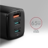 Axagon GaN wallcharger <240V / 3x port (USB + dual USB-C), PD3.0/QC4+/PPS/Apple. 65W total power.