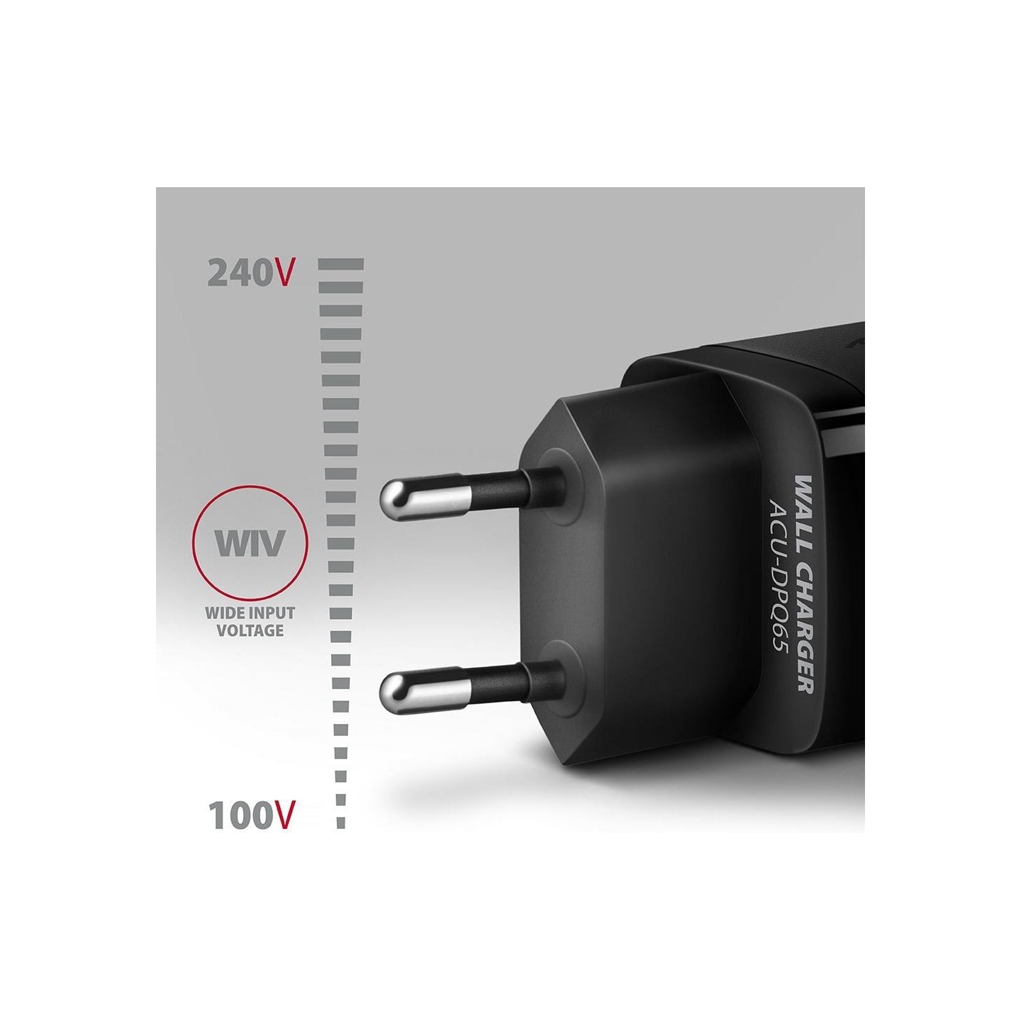 Axagon GaN wallcharger <240V / 3x port (USB + dual USB-C), PD3.0/QC4+/PPS/Apple. 65W total power.